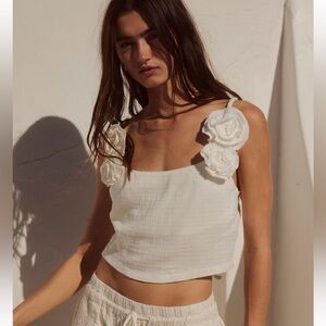 White Cropped Tank Top with Floral Straps